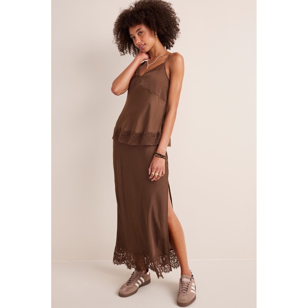 Francescas Jill‎ Lace Trim Satin Tank Top in Brown, Women's Size L, NWT